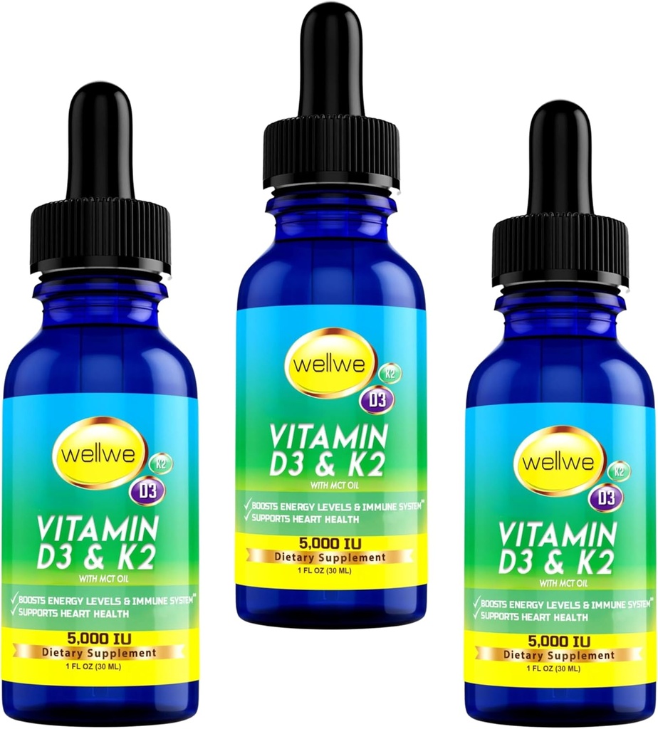 Płynna witamina D3 K2 Krople z MCT Oil 5000 IU - Wegan, Nie Smakować, Nie Zapach, Bez zapachu, Soy- Free, Gluten Free, Nie-GMO, 1000 IU na kroplę, Wzmacnia energię i system immunologiczny (3 Pack)