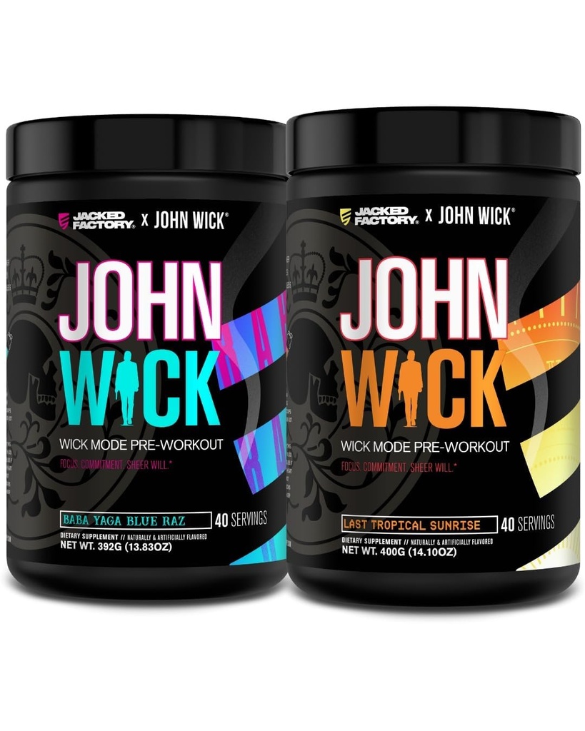Jacked Factory X John Wick - Wick Mode Pre Workout Powder - Intensywna energia, Battle- Ready Focus, Niepowstrzymane zaangażowanie i Sheer Will - Baba Yaga Blue Raz & Last Tropical Sunrise