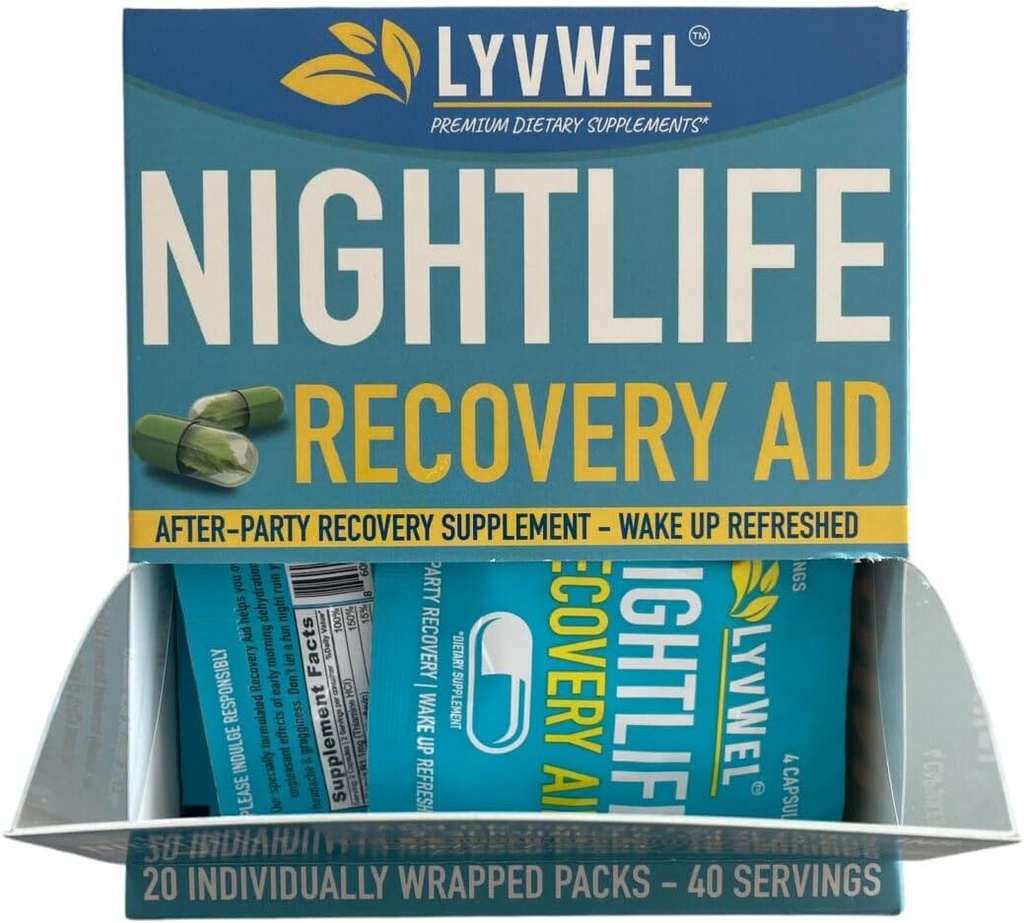 LyvWel Nightlife Recovery Carton Recovery 124; Rapid Morning Recoveration, Liver Support Recovery 124; DHM, Electrolytes, B Vitamin - 20 Packs, 40 Servings