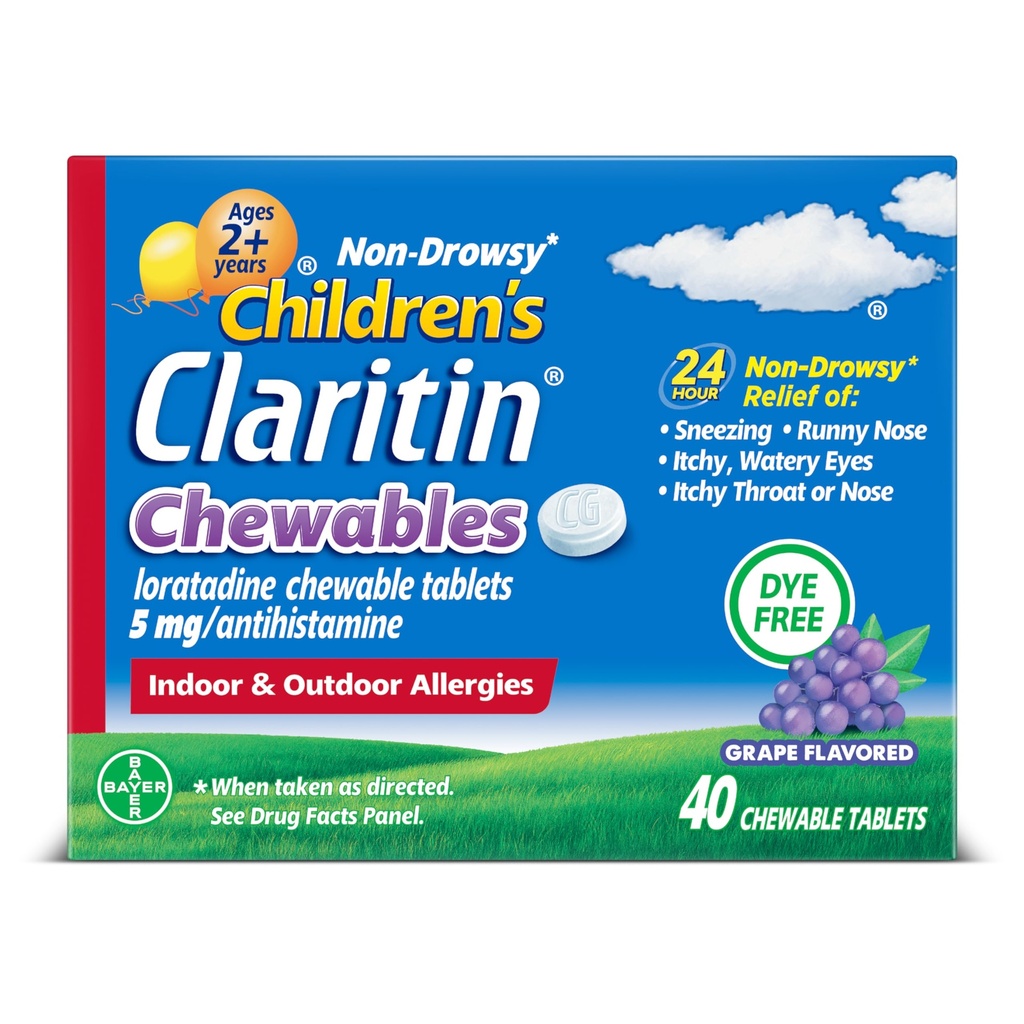 Claritin Children 's Alergy Medicine, 24- Hour Non- Drowsy Lorrigon 5mg tabletki do żucia, Antyhistamina dla dzieci w wieku 2 lat i starszych, Grape Flavored, 40 tabletek