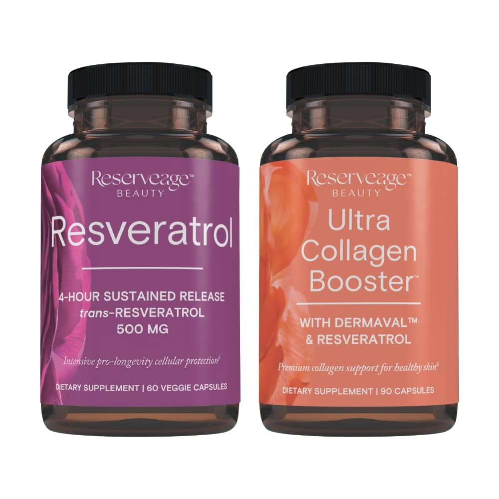 Reserverage Resveratrol & Ultra Colagen Booster - Resveratrol & Colagen Kapsułki do wsparcia komórek i skóry - Funkcje Dermaval - 60 Kapsułki, 90 Ultra Colagen Booster Kapsułki