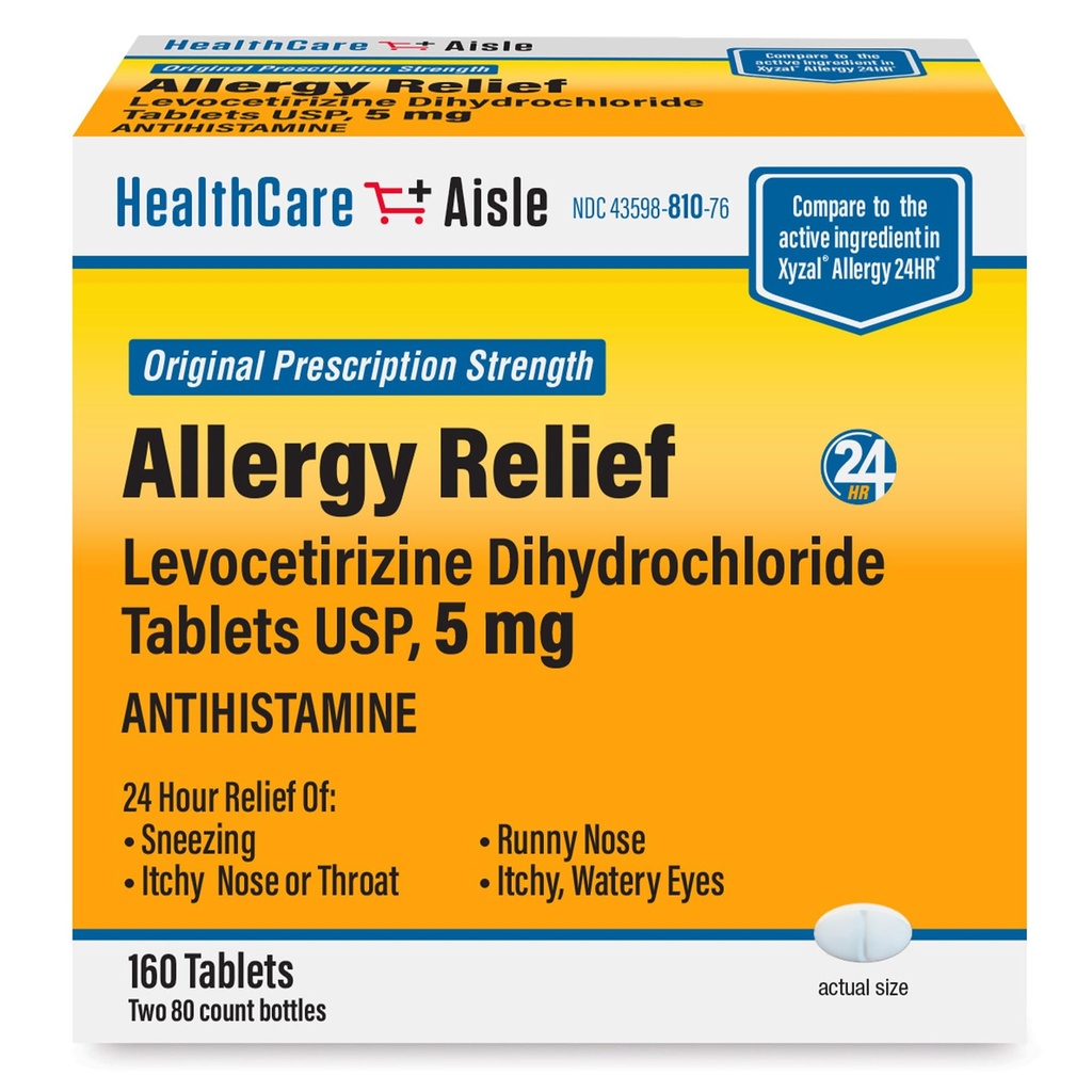 HealthCareAisle Allergy Relief - Levocetirizine Dichlorowodorek Tablets USP, 5 mg, 160 Tablets, Original Rescription Strength Allergy Medication, 24- Hour Relief, 80 Count (Pack of 2)
