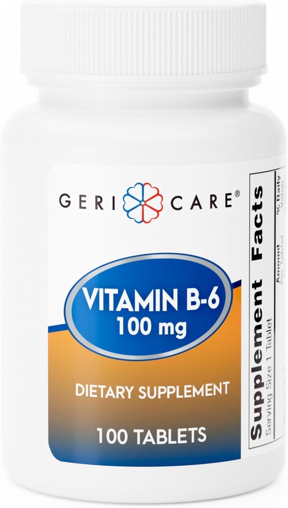 GeriCare Witamina B- 6 100mg, 100 tabletek - Codzienne odżywcze wsparcie dla funkcji zdrowego mózgu, Zwiększenie nastroju, Circulative Health & Metabolizm - Pomaga zwalczać zmęczenie i promować ogólne Wellness