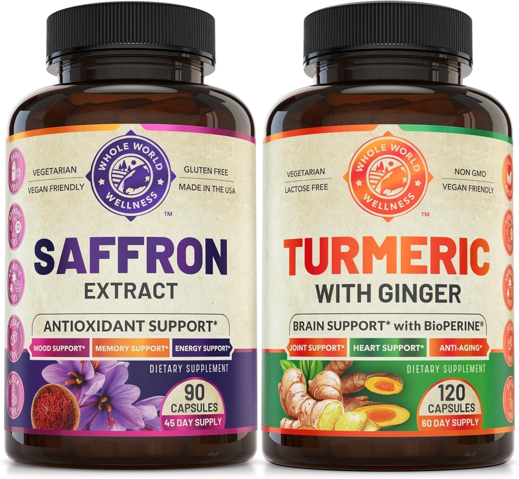 Pure Saffron Extract & Organic Turmeric Curcumin Bundle (Każda butelka). Wspiera nastrój, energię, funkcje metaboliczne. USA Made.