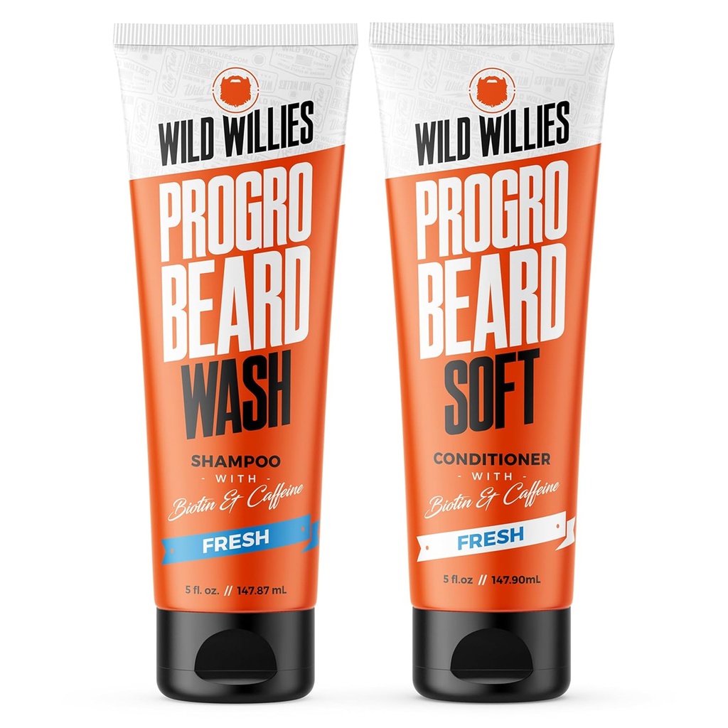 Dzikie Willies PROGRO Beard Shampoo and Conditioner Kit - Fortified w / kofeina & Biotin - Wzmocnienie, Flake- Free, Moisturizing Beard Wash and Conditioner for Men, 2 x 5oz Tubes