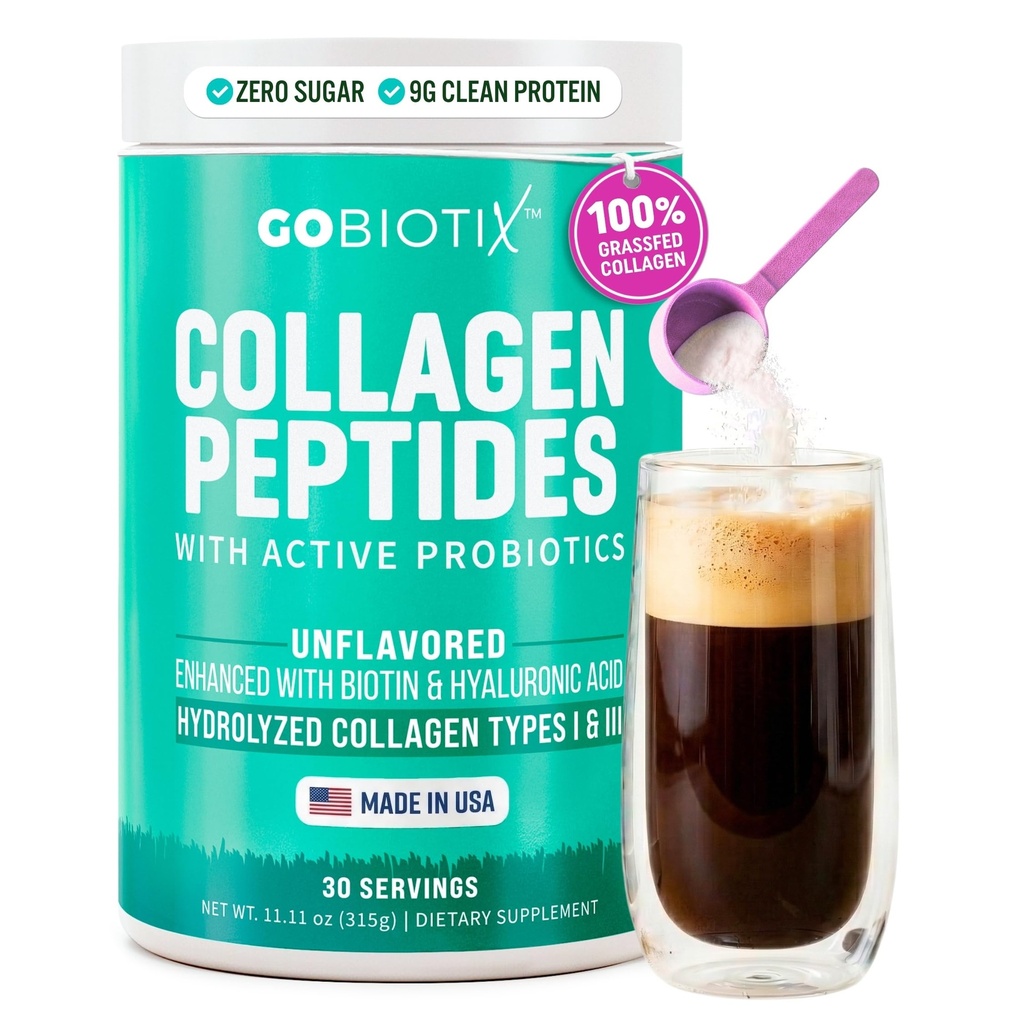 GOBIOTIX Kolagen w proszku Suplement z probiotykami - Zhydrolizowany proszek do kolagenu białkowego dla kobiet - Skóra i paznokcie, Zdrowie stawowe i pokarmowe - Kolagen Peptydy typu I i III - 30 Służenie