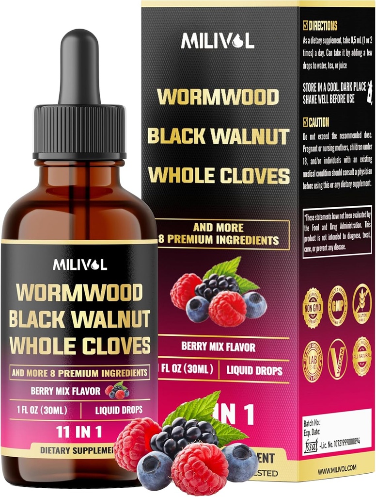 11in1 Czarny Walnut Wormwood Tincture Extract z całych goździków, Berberine i 8 Więcej - 2 miesiące dostaw - 1 Fl Oz - Berry Mix Flavor