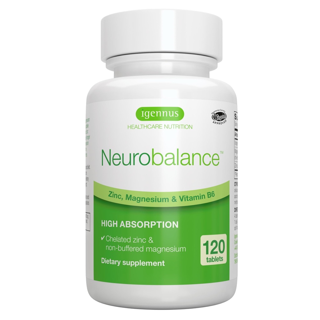 Igennus Neurobalance Cynk Magnez & B6 Complex Prepared for Cognitive Support, Calm Focus & Relaxation, 120 Small Tablets, High Absorption Chelated Cynk & Full Reacted Magnezu, Wegan, Non-GMO