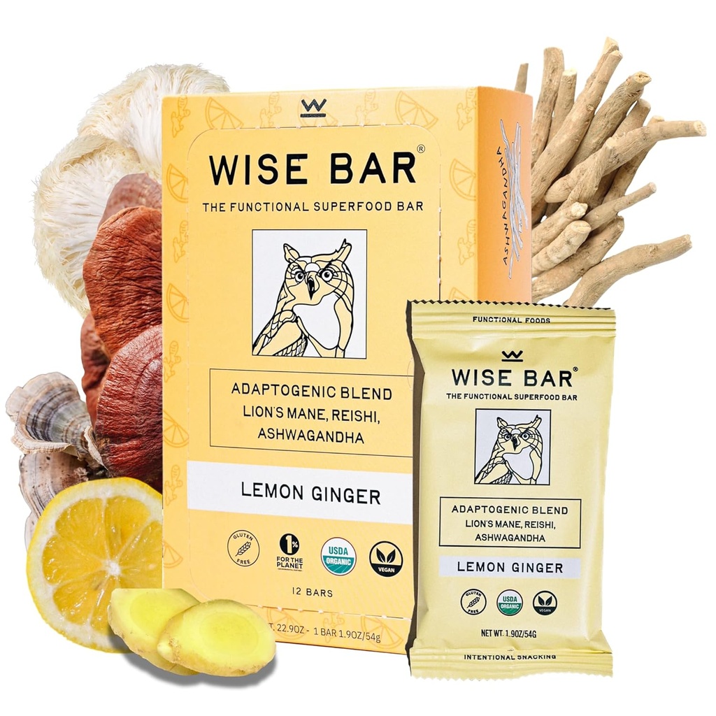 Wise Bar Adaptogen Mushroom Nutrition Bars z Reishi, Lions Mane & Ashwagandha, Organic Vegan & Gluten Free przekąski dla naturalnego skupienia, Energia & Wsparcie odporności, Lemon Ginger Flavor, 12 Count