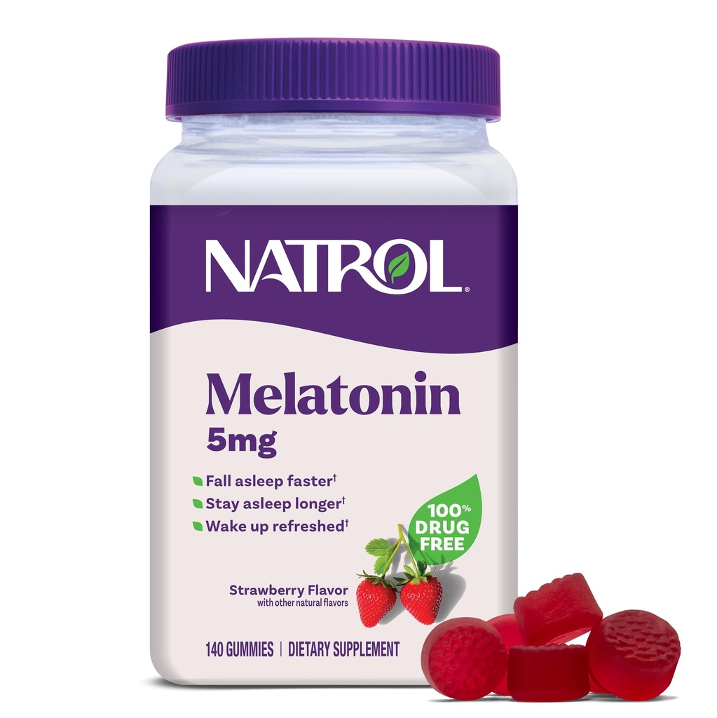 Natrol 5 mg gumki melatoninowe, wsparcie snu dla dorosłych, suplementy melatoninowe dla osób śpiących, 140 gumek truskawkowych, 70 Day Supply