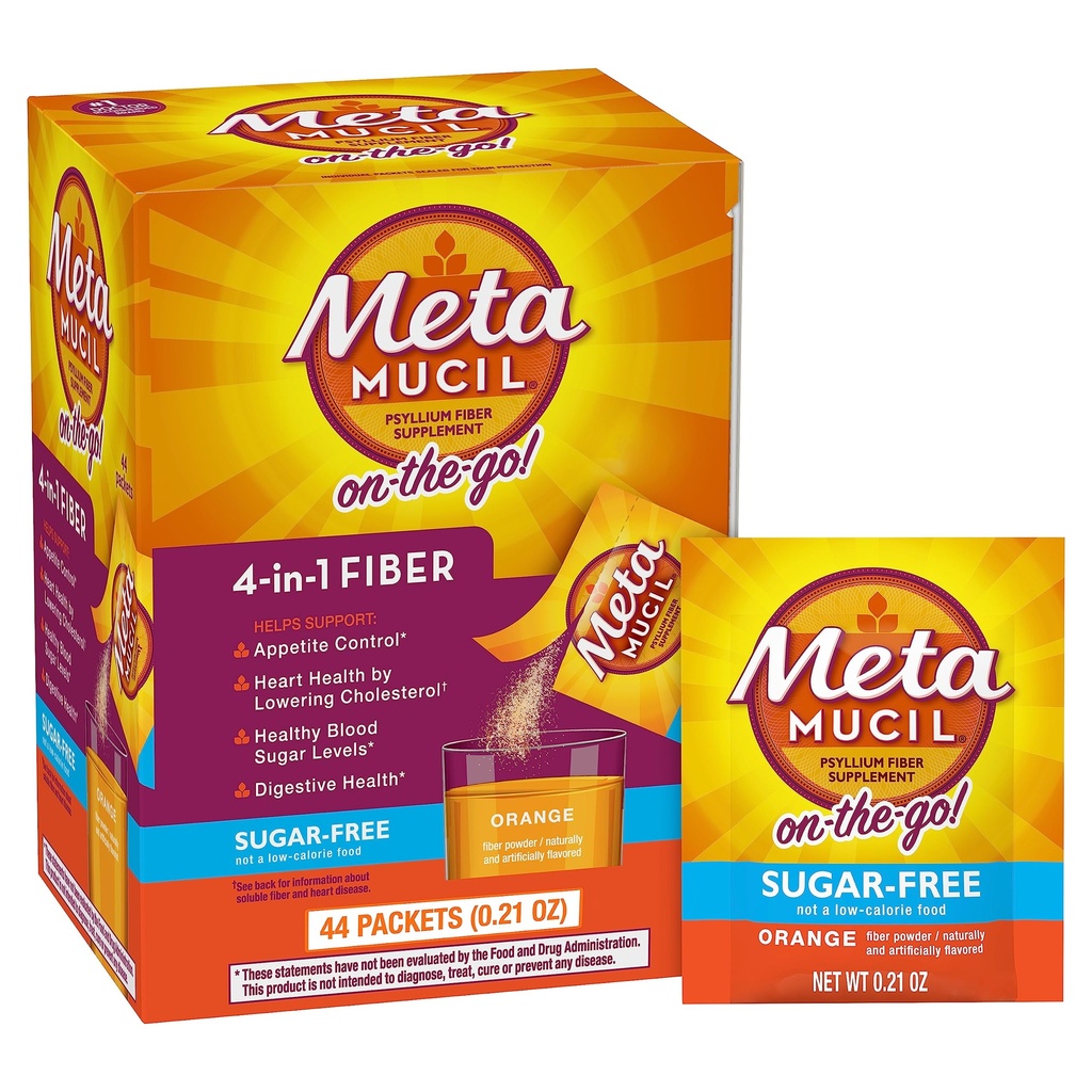 Metamucyl On-the- Pakiety, Cukier-Free, 44 Pakiety, 4-in-1 Pzyllium Husk Fiber Suplement, Pomarańczowy aromat, Indywidualne Sługi Doskonałe dla Podróży, Fiber Suplement do Zdrowia i Regularności Żywieniowego