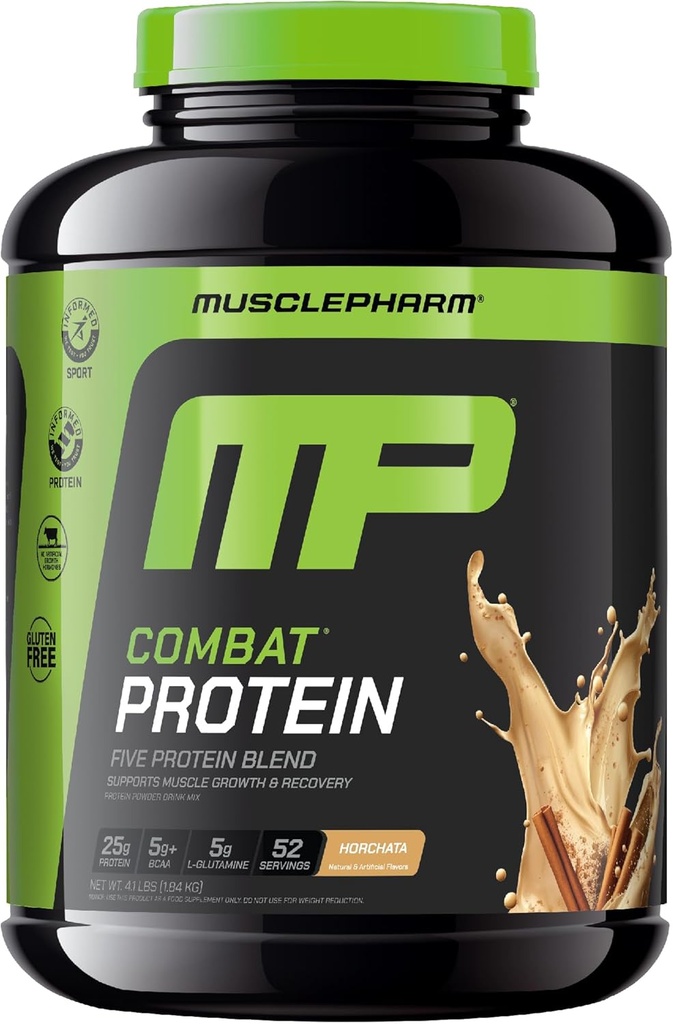 Muscle Pharm Combat Protein Powder, Horchata Flavor, Fuels Muscles for Productive Workouts, 5 Protein Sources Including Whey Protein Isolate & Egg Albumin, Gluten Free, 4 lb, 52 Servings