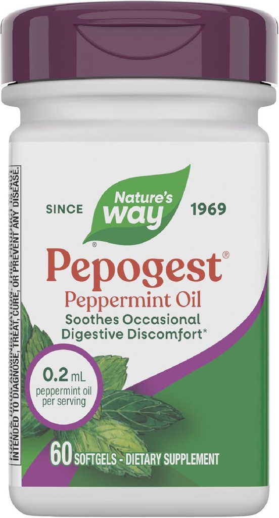 Nature 's Way Pepogest Peppermint Oil, Soothes Okazjonalne zaburzenia żołądka i jelit *, Enteric Coated Peppermint Oil Softgels, 60 Softgels (Packaging May Vary)