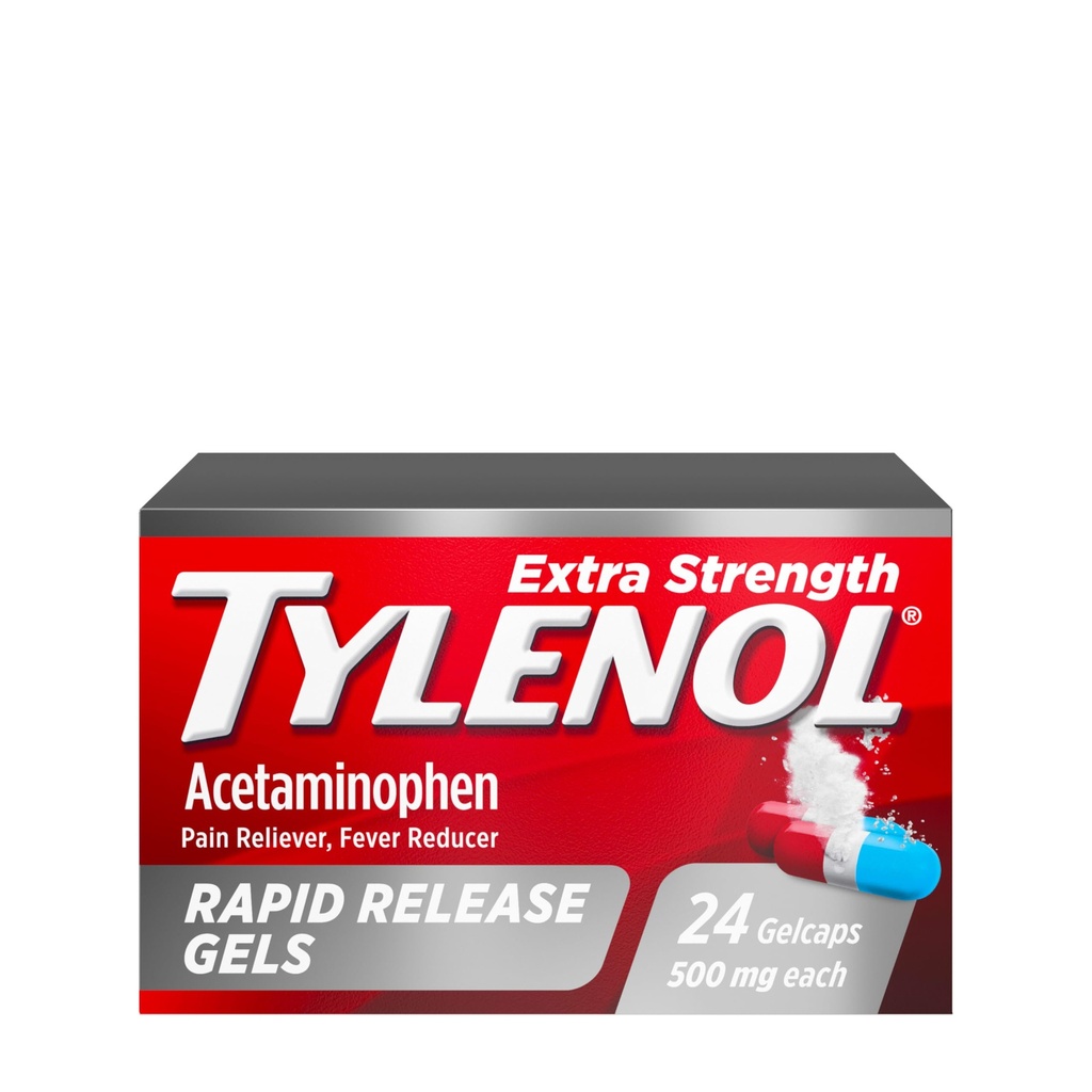 Tylenol Acetaminofen żele do szybkiego uwalniania, Reliever bólowy i reduktor gorączki, Gelcaps with Laser- Drilled Holes, 500 mg Acetaminofen, 24
