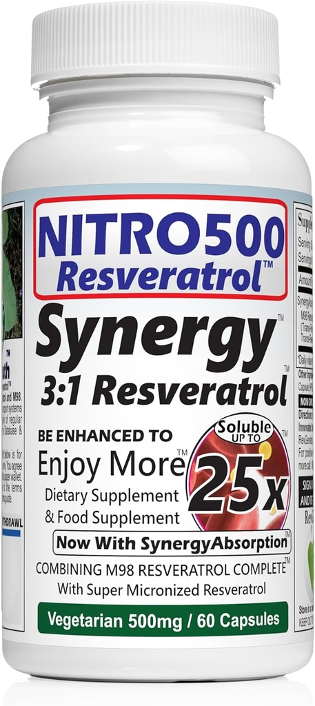 Nitro Synergy Resveratrol (Nitro500) z maksymalnie 25x Rozpuszczalność - 60 Kapsułki wegetariańskie - 30 Służenie - 500 mg na Serving