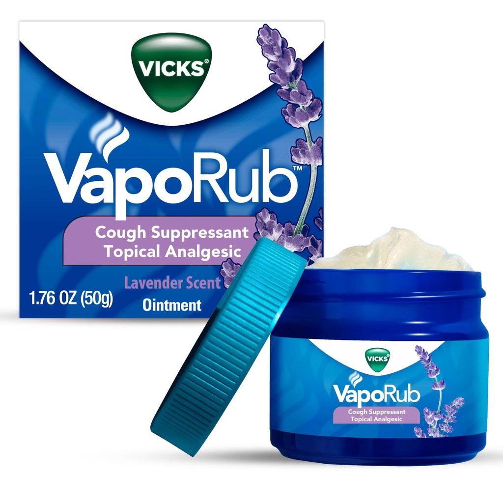 Vicks VapoRub, Lavender Scent, Cough Suppressant, Topical Chest Rub & Analgesic Maintment, Medicated Vicks Vapors, Ulga z kaszlu Ze względu na zimno, Aches & Pains, 1.76oz