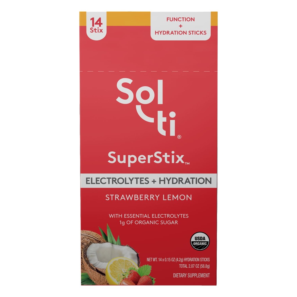 Organiczne elektrolity + Napoje nawadniające, Superfood Hydration Sticks, SuperStix by Sol- ti, Non-GMO, Wegan, Truskawka Lemon, 14 Jednorazowo obsługiwane Sticks