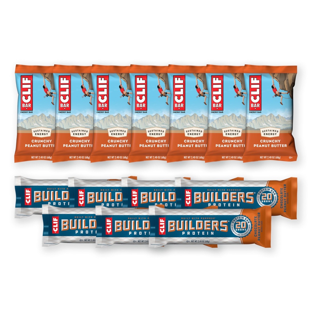 CLIF BAR i CLIF Builders - Variety Pack - Chrupiące masło orzechowe i czekoladowe masło orzechowe - Bary energetyczne i batoniki białkowe - Nie-GMO - Roślina Based - 2.4 oz. (14 Count)