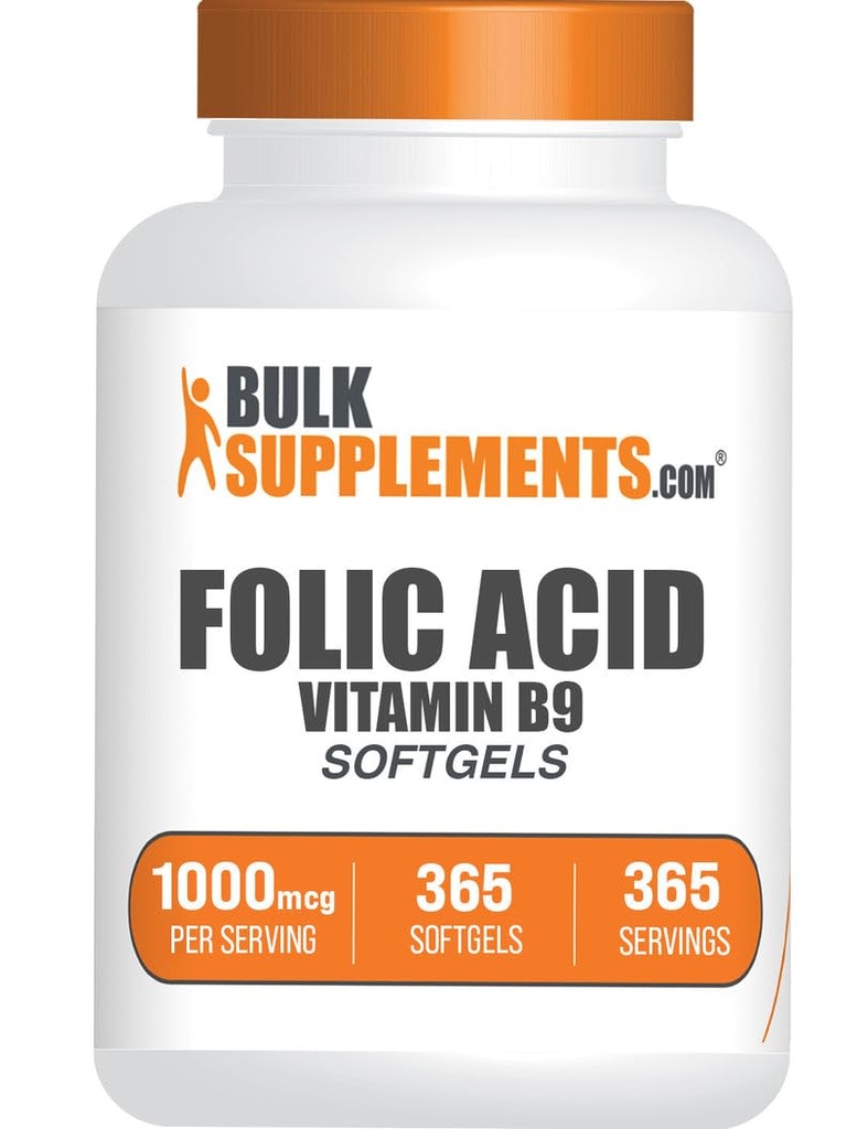 BulkSupplements.com Folic Acid Softgels - Witamina B9, Folic Acid 1000 mcg, Folate Supplement - Gluten Free, 1 Softgel per Serving, 365 Count (Pack of 1)