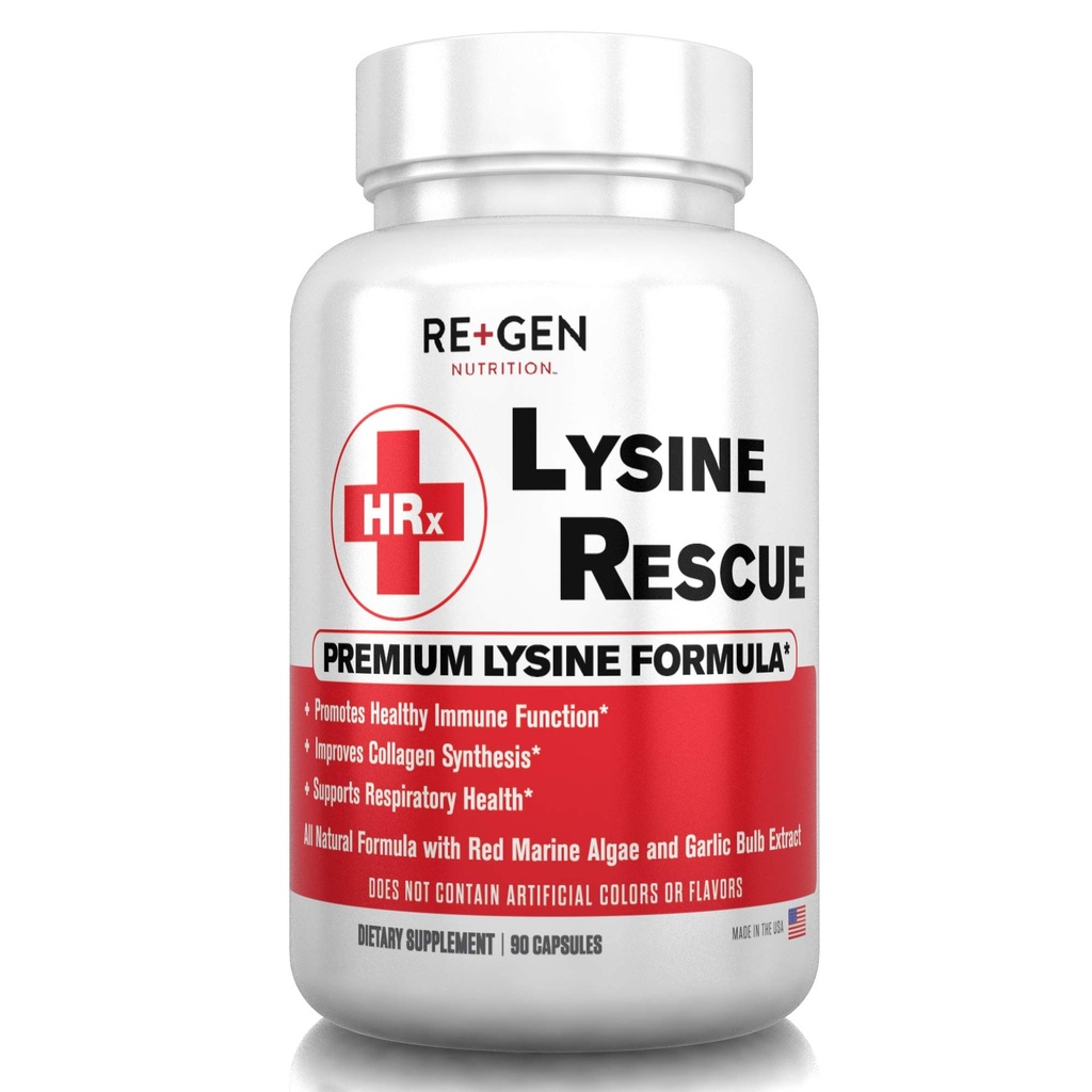Re + Gen Nutrition Lysine Rescue, Amino Acid Supplement for Stronger Immune Health & Collagen Syntesis in Women & Men, Promotes Lips & Skin Health, Natural, Pure L- lisine, 90 Kapsułki, 45 Day Supply