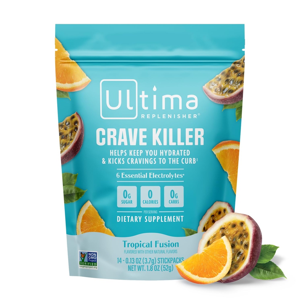 Ultima Replenisher Crave Killer Supplement and Electrolytes Powder - Fuzja tropikalna, 14 Stickpack - Pakiety nawadniające That Kick Wanges to The Curb