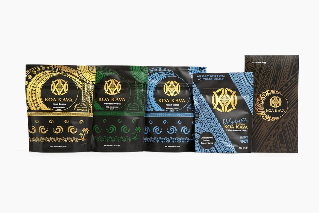 Koa Kava Premium Próbka Pack - 2 Oz Odwodnione natychmiastowe Kava Proszek + 4 Oz Bags Tongan, Fijian i Vanuatu Waka średnich odmian Grind. Odkryj swój ulubiony dla Ultimate Calm i Relaxation!