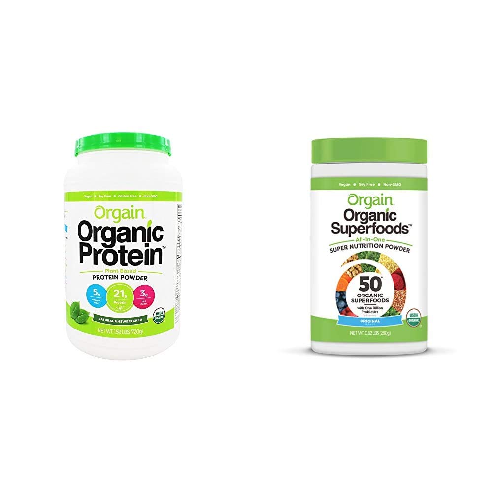 Orgain Organic Plant- based Protein Powder + Superfoods Zielonych w proszku Bundle (1,59lb + 0,62lb)