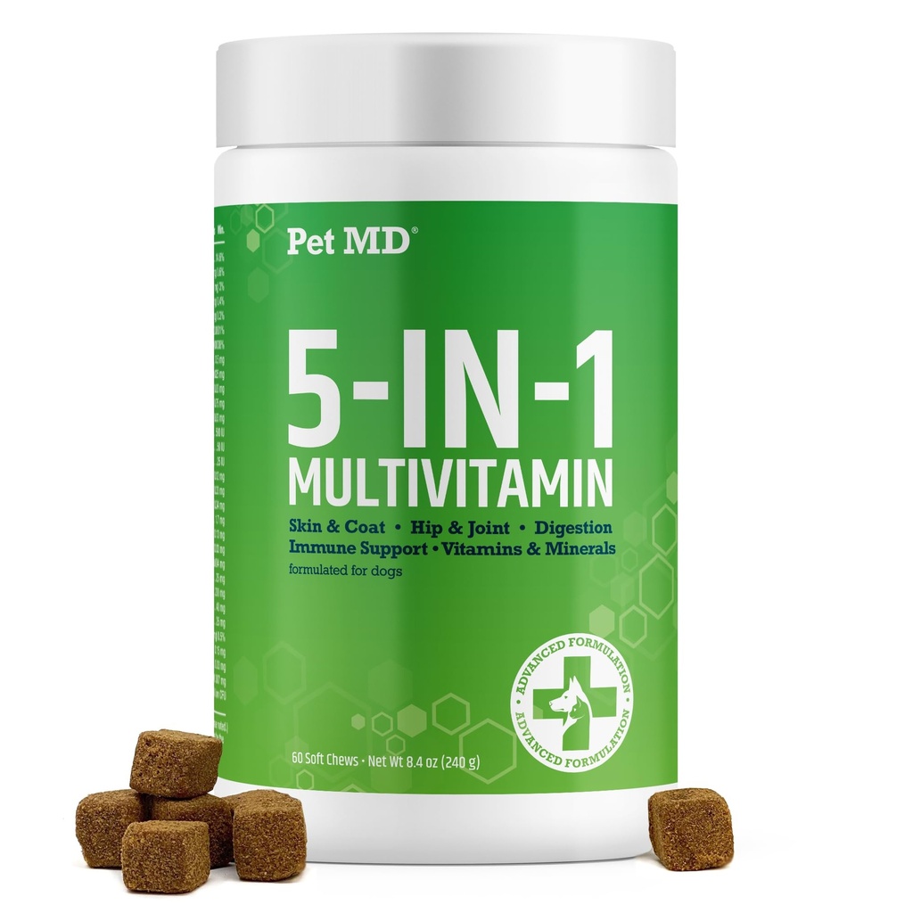 Pet MD 5in1 Dog Multivitamin - 30 Witaminy zasadnicze, minerały i składniki odżywcze do skóry i płaszcza, Hip & Joint, trawienie, Senior Dog & Puppy Witaminy - Glukozamina, Omega 3 6 9, & Probiotyki - 60ct