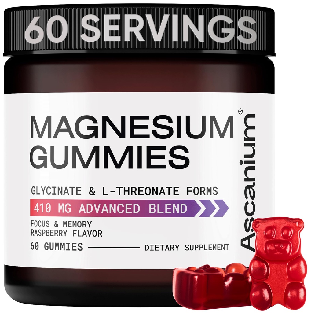 Gumie magnezowe - 410mg Gluminatu magnezowego pierwiastkowego i suplementu L- Threonian Complex - Gummies magnezowo-magnezowy dla uspokojenia nastroju, wsparcia mięśni i serca - Gummy magnezowy do żucia 60 szt.