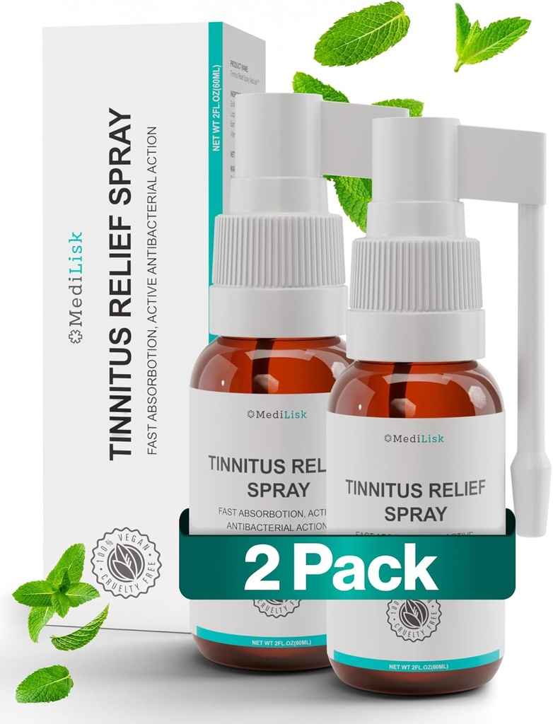 Medilisk Tinnitus Relief Spray - Wspiera Tinnitus Relief dla Ringing Ears - Ziołowe produkty do pielęgnacji ucha - Leczenie szum w uszach Zapobieganie - Niesteroidowe i hipoalergiczne - 1 Fl Oz Relaks - Opakowanie 2