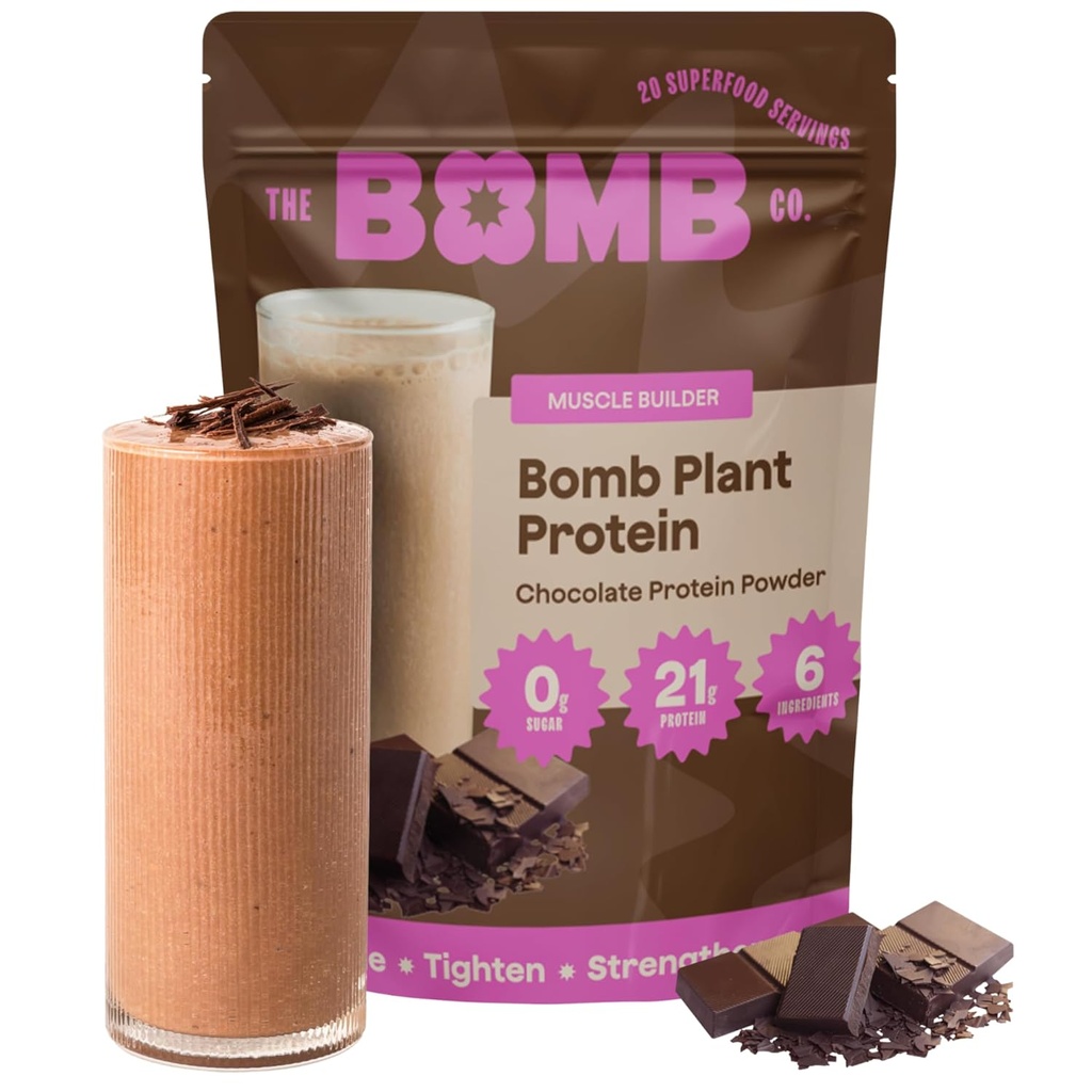 The Bomb Co. Bomb Plant Protein, Protein Powder z 21g Protein, Amino Acids, Zero Sugar, Pea Protein, Cocoa, Nasiona Chia, Nasiona dyni, Vanilla & Monk Fruit, Gluten Free, Czekoladowy Flavor, 20 Srvgs