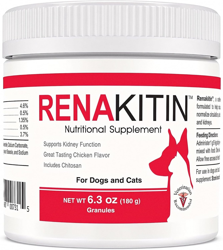 Renakitin Nerki Suplementy dla psów Koty - Zawiera chitozan i karbonian wapnia, Wsparcie Optymalne funkcje nerek, Great Tasting Chicken Flavor, 6.3 oz