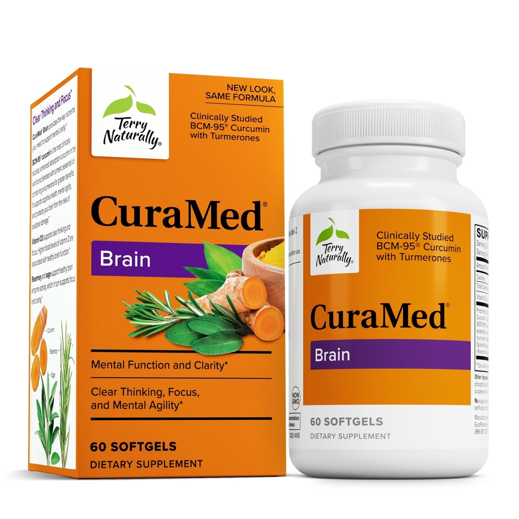 Terry Natural CuraMed Brain - Suplement diety do wspomagania klarowności i koncentracji - Suplement do zdrowia mózgu z Curcumin & Turmeric Esential Oil to Aid Concentration - 60 Softgels