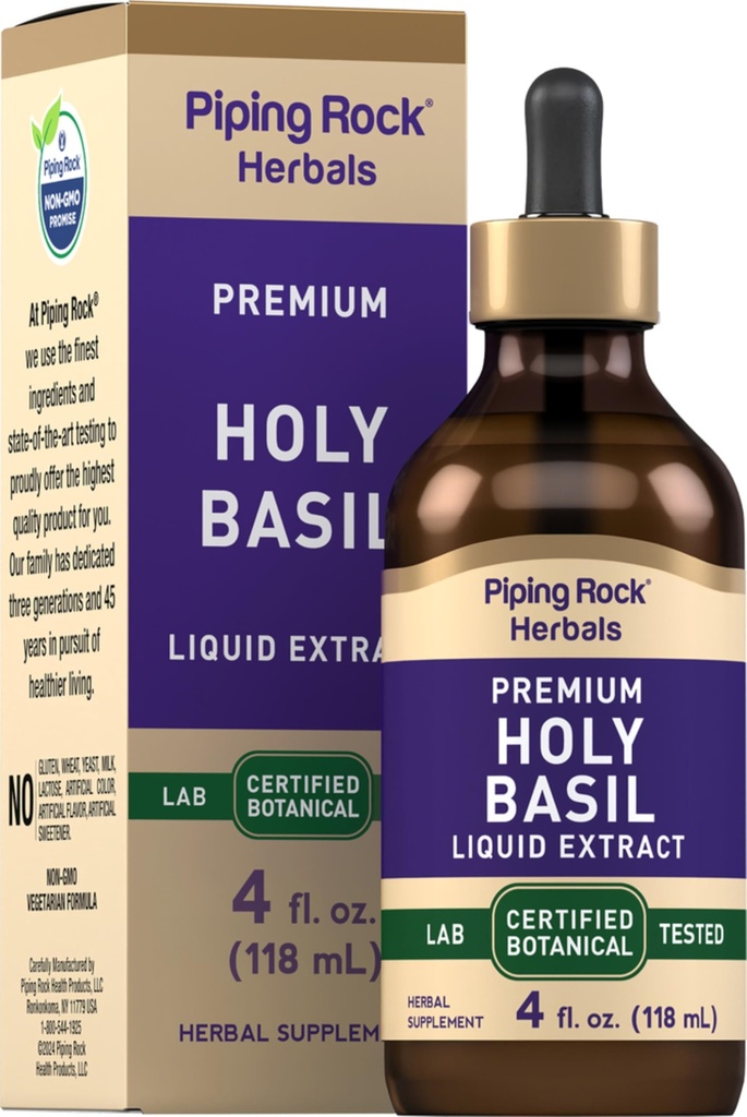 Piping Rock Holy Basil Liquid Extract Baxter 124; 4 Fl Oz 124; Tulsi Leaf Tincture 124; Vegetarian, Non-GMO, Gluten Free Supplement