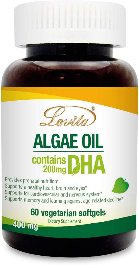 Lovita Algae Oil, Plant Based DHA Alternatywa do oleju rybnego, Vegan Omega 3 z DHA 200 mg, 60 Softgels wegetariańskie