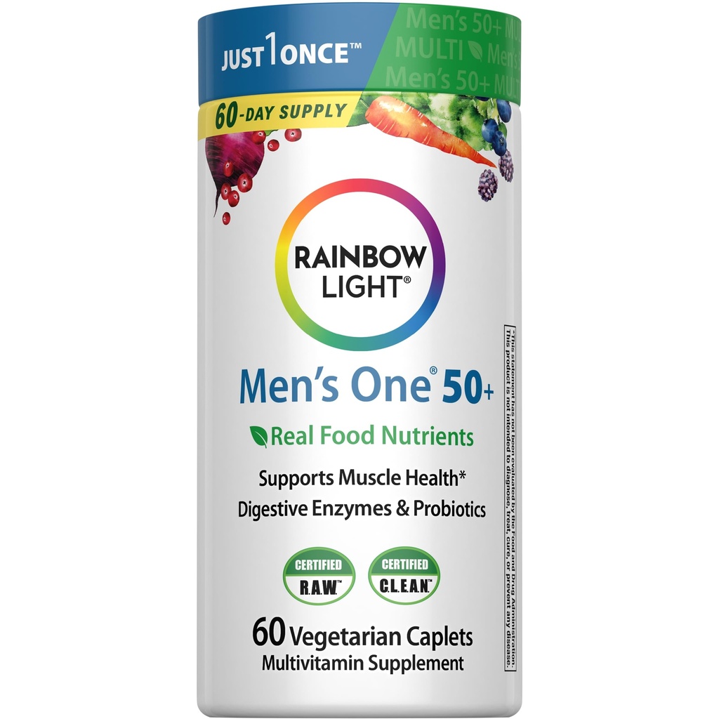 Rainbow Light Multivitamina dla mężczyzn 50 +, Witamina C, D & Cynk, Probiotyki, Mężczyźni jeden 50 + Multivitamina Zapewnia wysoką moc immunologiczne Wsparcie, Non-GMO, Wegetarianin, 60 Tabletki
