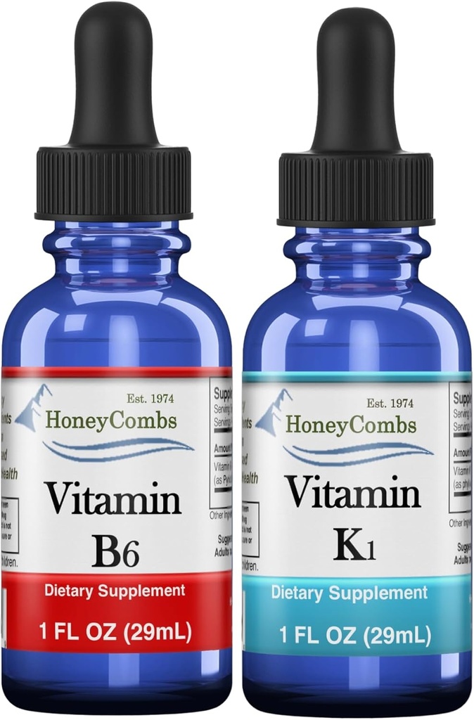 HoneyCombs Witamina B6 & K1 Krople - Płynna Pyridoxine & Witamina K Ekstrakty dla Vegan, Wspiera ogólne zdrowie, NieGMO Witamina Liquid Extract, 1 fl oz Każdy