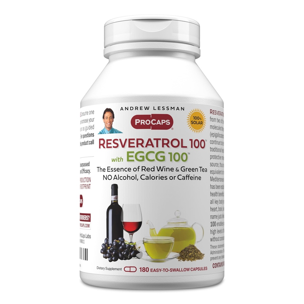 ANDREW LESSMAN Resveratrol- 100 EGCG 100mg - 180 kapsułek - Dwa naturalnie występujące przeciwutleniacze, Bez alkoholu lub kofeiny.