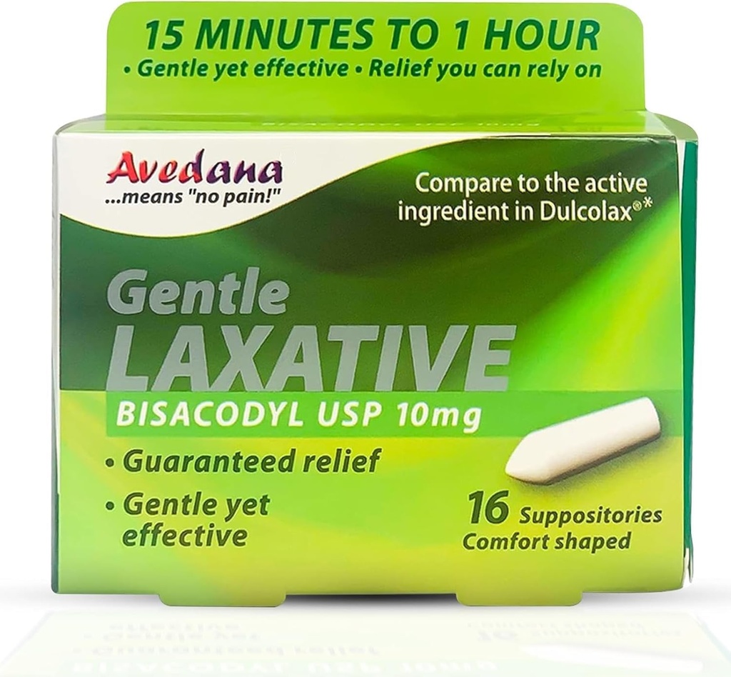 AVEDANA Bisacodyl Laxative Suppository | USP 10mg for Fast, Gentle Constipation Relief | Comfort-Shaped, Pack of 16 Suppositories