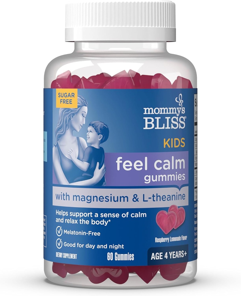 Mamuśka Bliss Kids Feel Calm Gummies, Wsparcie poczucie spokoju i relaksu ciała, Made with Magnezu, L- theanine, Sugar Free Raspberry Lemonade Flavor, Wiek 4 +, 60 Gummies