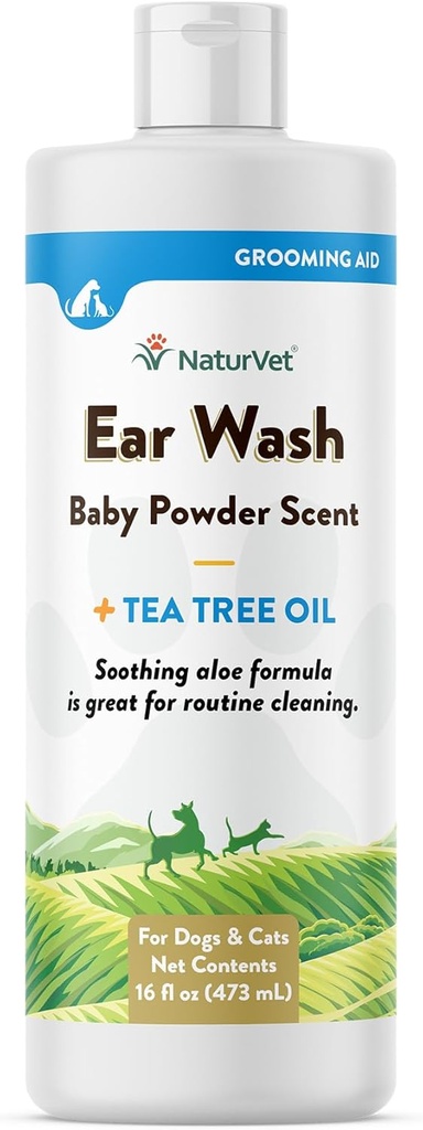 NaturVet Płyn do mycia ucha dla psów i kotów - Suplement do zdrowia zwierząt Oczyszcza psa, Cat Ear Canals - Zawiera Aloe, Tea Tree Oil - Pomaga usunąć Pet Ear Wax, Brud, Deter- 16 Oz.
