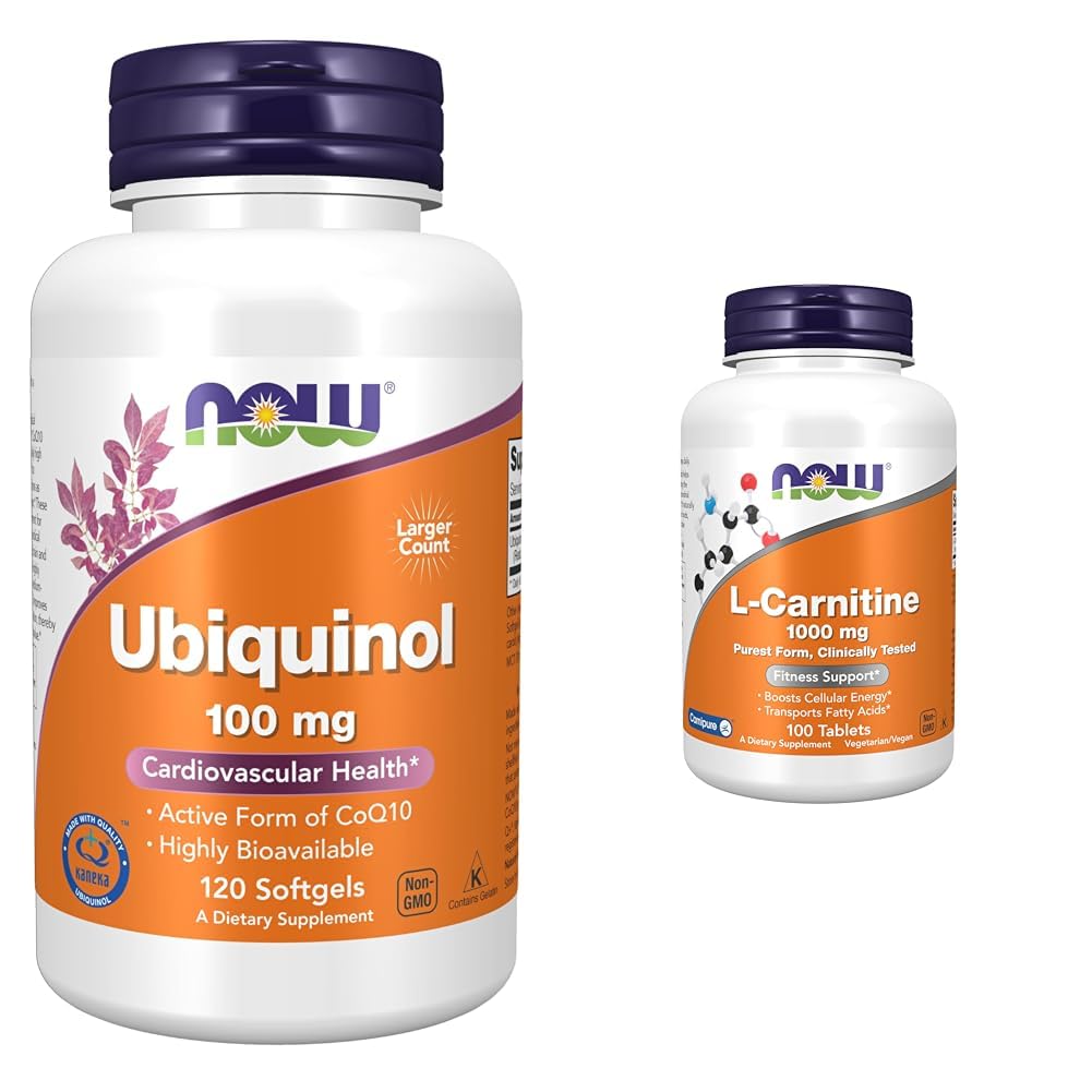 Teraz suplementy, Ubichinol 100 mg, Wysoka dostępność biologiczna (Aktywna forma CoQ10), 120 Softgels & Supplements, L- Carnitine 1000 mg, Najczystsza forma, Amino Acid, Fitness Support *, 100 tabletek