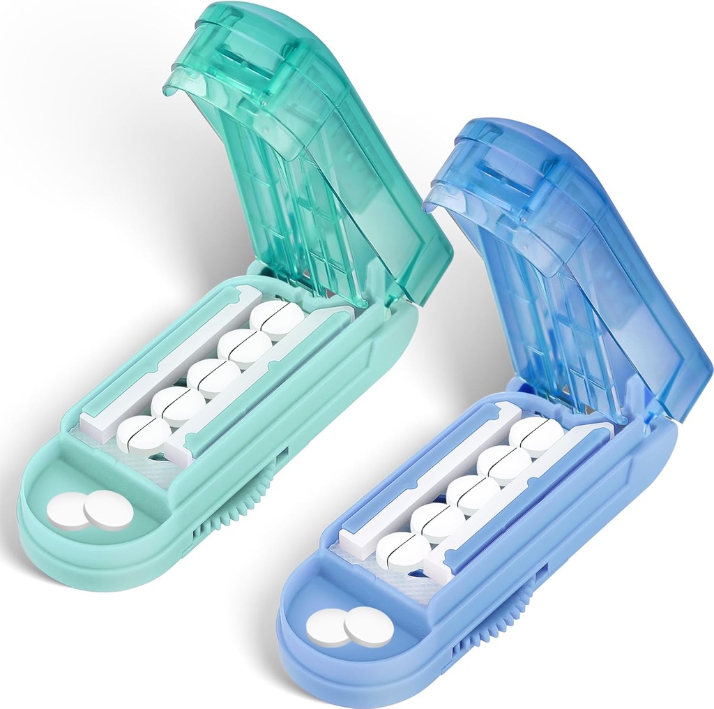 DUBSTAR 2PCS Pill Cutter Splitter for Small and Tiny Pills, Multiple Pill Cutters for Small or Large Pills, Regulable Pill Splitter with Cinting Device and Blade Guard (Blue + Cyan)