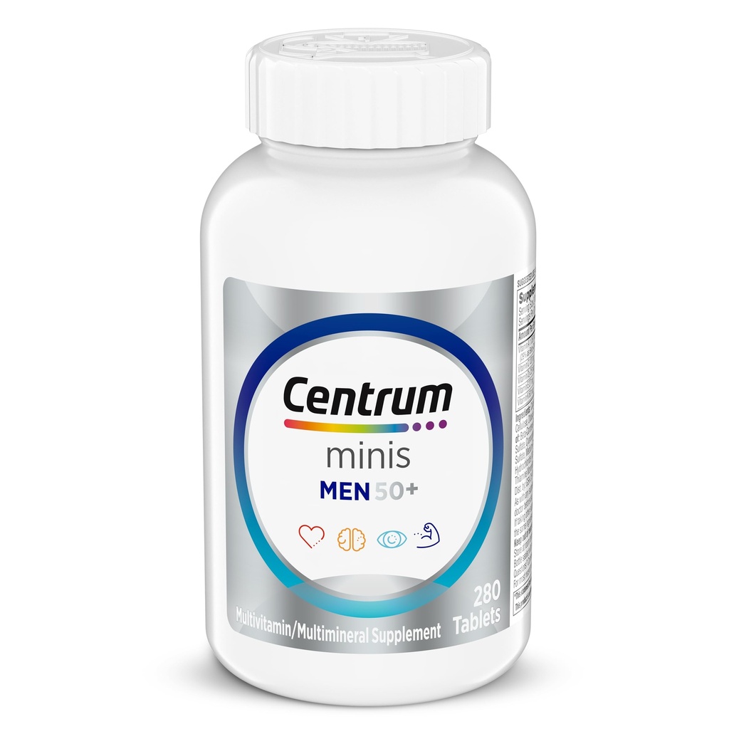 Centrum Minis Silver Multivitamine dla mężczyzn 50 Plus, Multivitamin / Multimineral Supplement, Witamina D3, Witaminy B- i Cynk, Non-GMO Składniki, Wspomaga Pamięć i Cognition w starszych dorosłych - 280 Ct