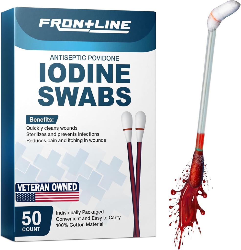 FrontLine Povidon Jod Swabs, Antyseptyczne Swabstics, Jod Solution, Oczyszczanie Bawełna Swab, Indywidualnie zapakowane dostawy medyczne, Pielęgnacja rany, Pierwsza pomoc, Oczyszczanie rany, Pudełko 50