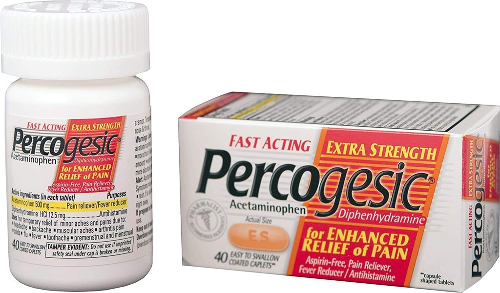 Perkohezyczne tabletki przeciwbólowe, dodatkowa siła, acetaminofen i difenhydramina, 40 ct (opakowanie po 1)