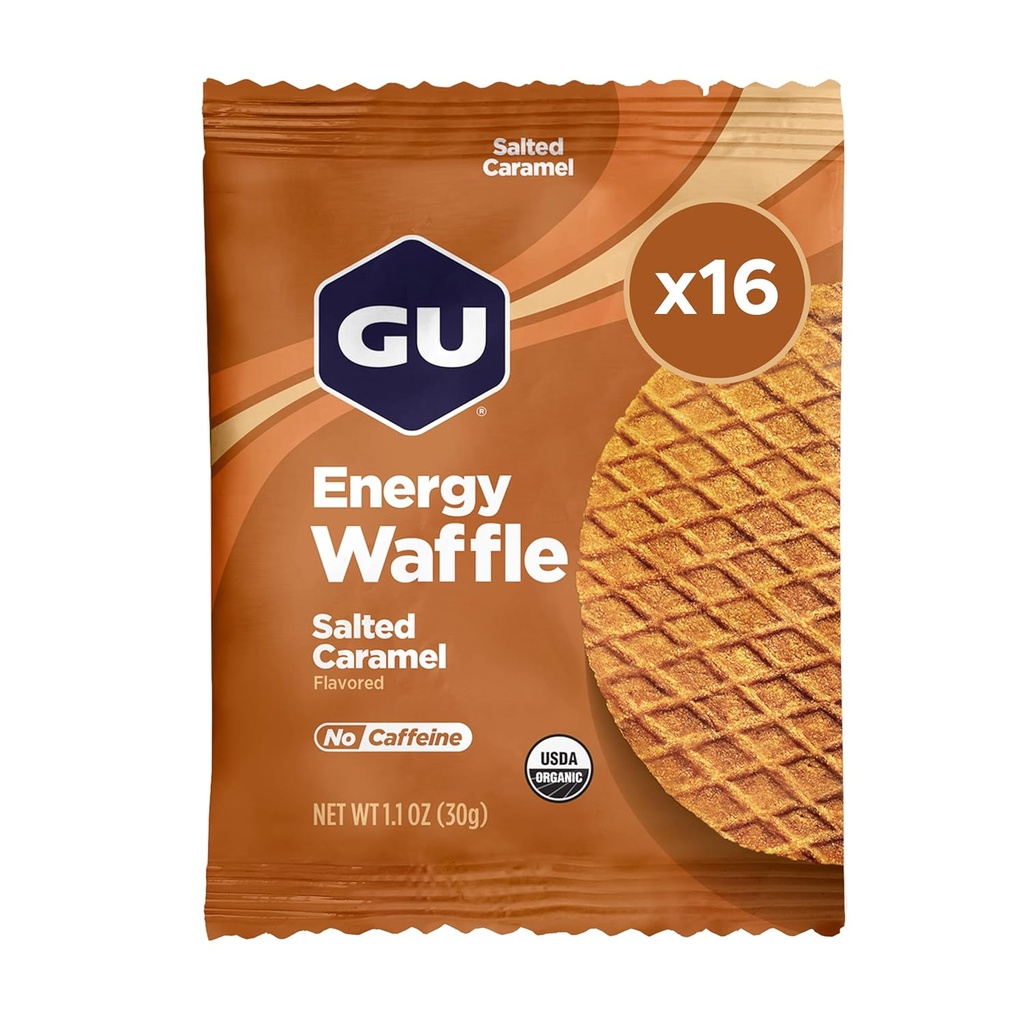 GU Energy Stroopflavel Salty 's Carmel Sports Nutrition Waffle, Coffeine- Free, i Kosher nabiał, On- Energia dla każdego treningu, 16 Count