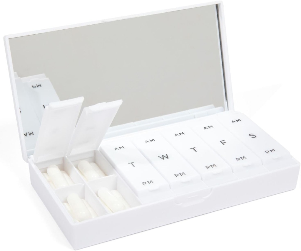 PORT X POLISH Designer Cotygodniowy Pill Box Organizator (AM / PM 2X Daily, Crisp White) 124; Compact, Stylowe 7- Day suplement witaminy przypadku 124; Cute Portable Mini Travel Medicine Carrier 124; BPA- Free Pillbox Caddy