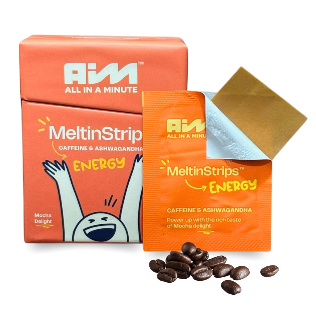 MeltinStrips ™ Energy Strips z 40mg kofeiny, 20mg Ashwagandha & Witamina B12 Bilans 124; Instant Energy & Focus Bez Jitters lub Crash Bilans 124; Działa szybciej niż kawy 124; Mocha Flavor - 30 Paski