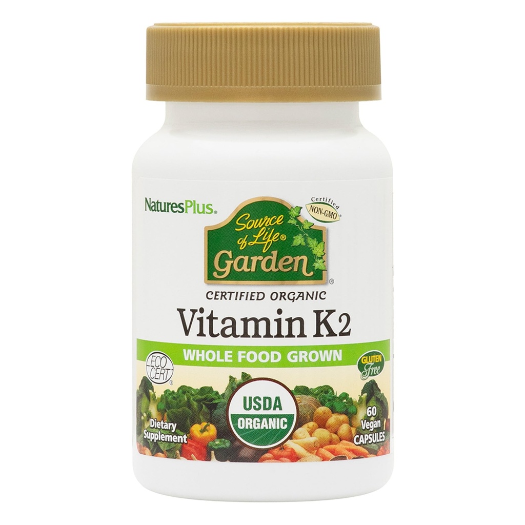 NaturesPlus Źródło Ogród Życia Witamina K2- 60 Kapsułki wegańskie, Opakowanie 2 - Wsparcie dla kości - Certified Organic, Non-GMO, Gluten Free - 120 Łączne służby